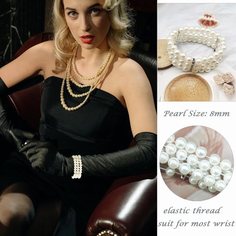MONAZEO 2-8Pcs 1920s Flapper Imitation Pearl Bracelet 3-Rows Stretch Bracelet Multi-Layered Elastic Bangle Bridal Wedding Jewelry Roaring 20s Accessories Jewelry - Image 3
